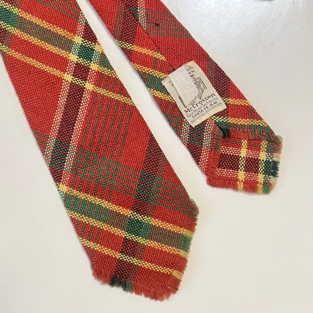 Rare McCrossen Vintage Handwoven Wool Blend Plaid Tie Red Green‎ Santa Fe NM